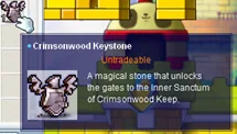 Crimsonwood Keystone tooltip: "A magical stone that unlocks the gates to the Inner Sanctum of Crimsonwood Keep." (Untradeable)