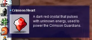Crimson Heart tooltip: "A dark red crystal that pulses with unknown energy, used to power the Crimson Guardians."